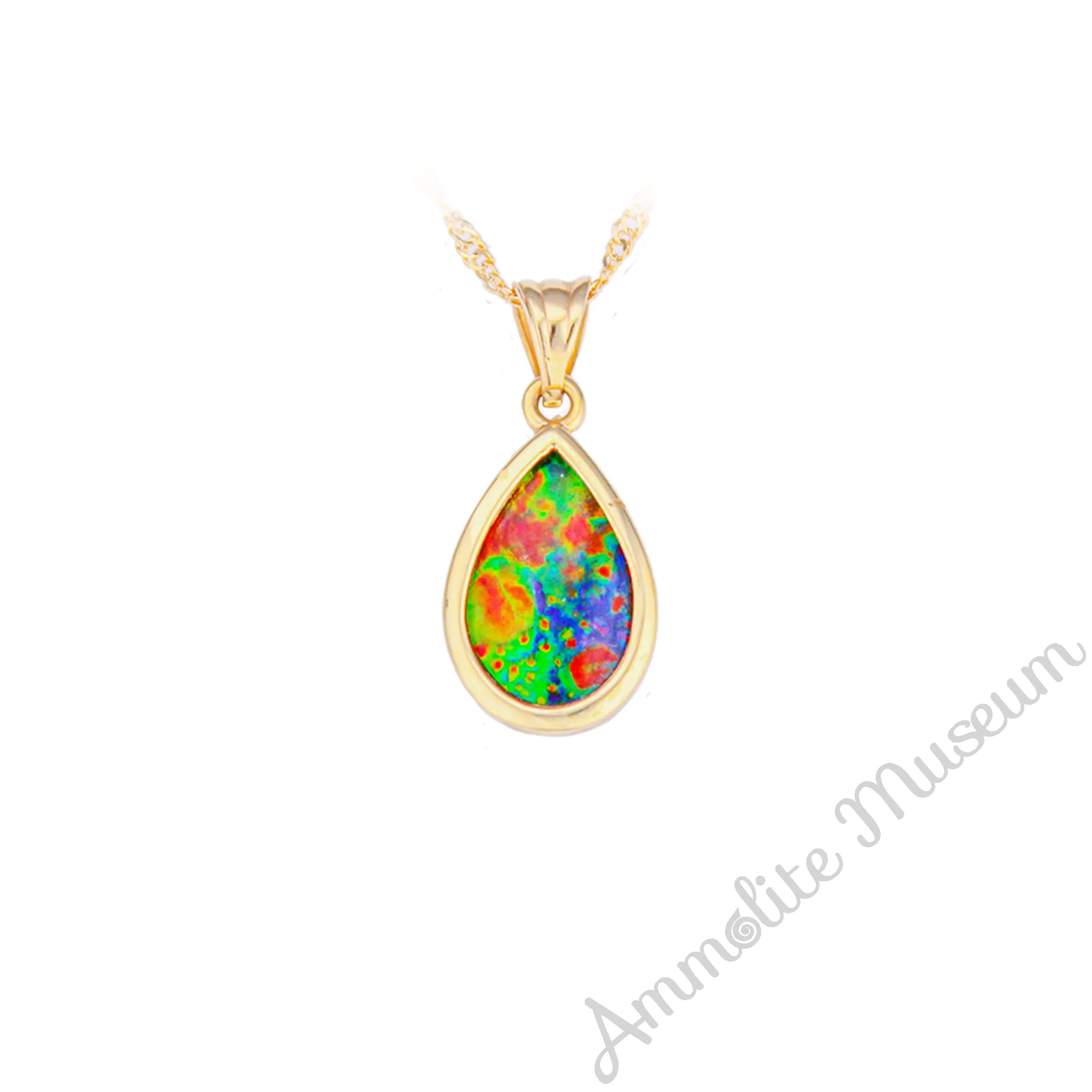 14K Gold Teardrop Ammolite Pendant