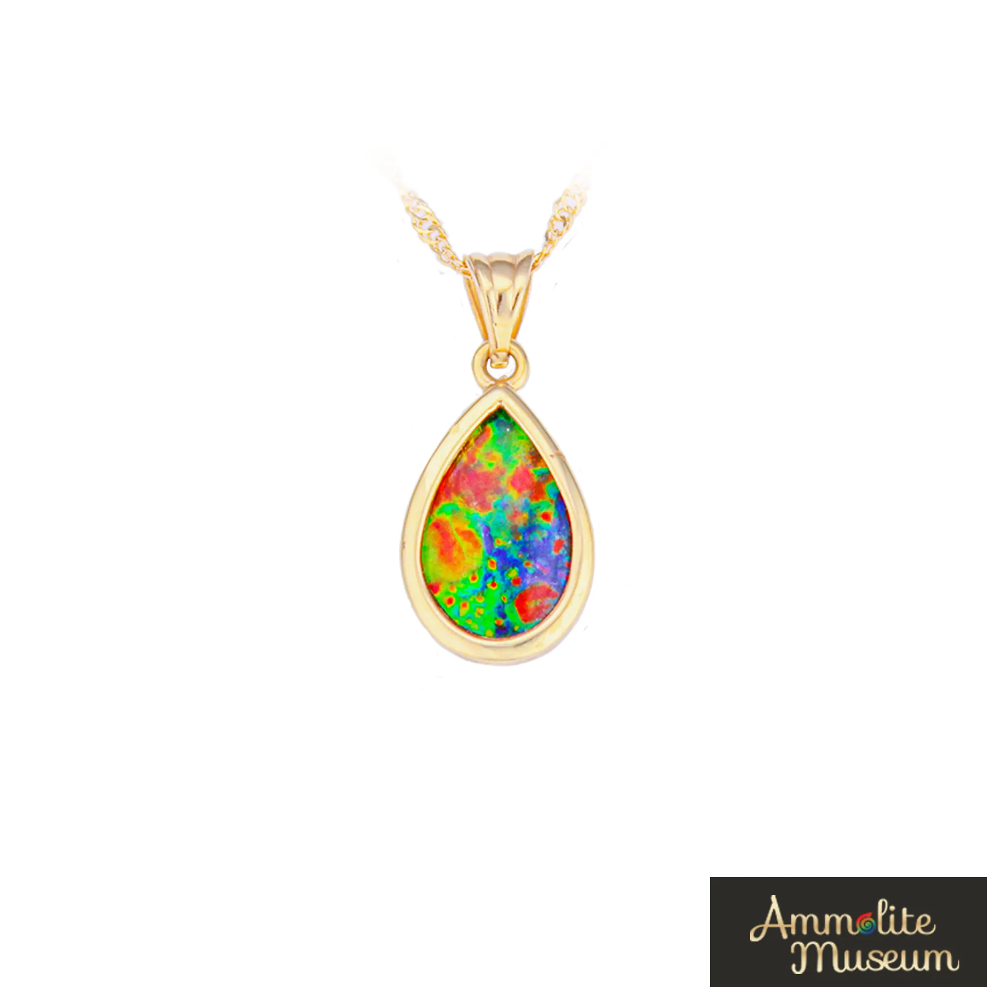 14K Gold Teardrop Ammolite Pendant