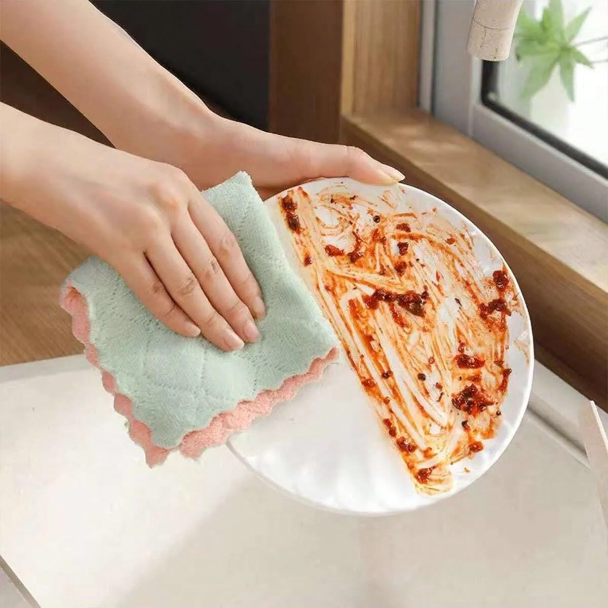 1/6/12/24pcs Thickened Double-Sided 27*16cm Coral Fleece Non-Shedding Kitchen & Home Cleaning Dishwashing Cloth, Reusable
