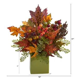 17' Artificial Maple Leaf, Berries and Maiden Hair Arrangement in Green Vase, Low Maintenance, Life-Like & Vibrant Silk Flowers For Busy People.