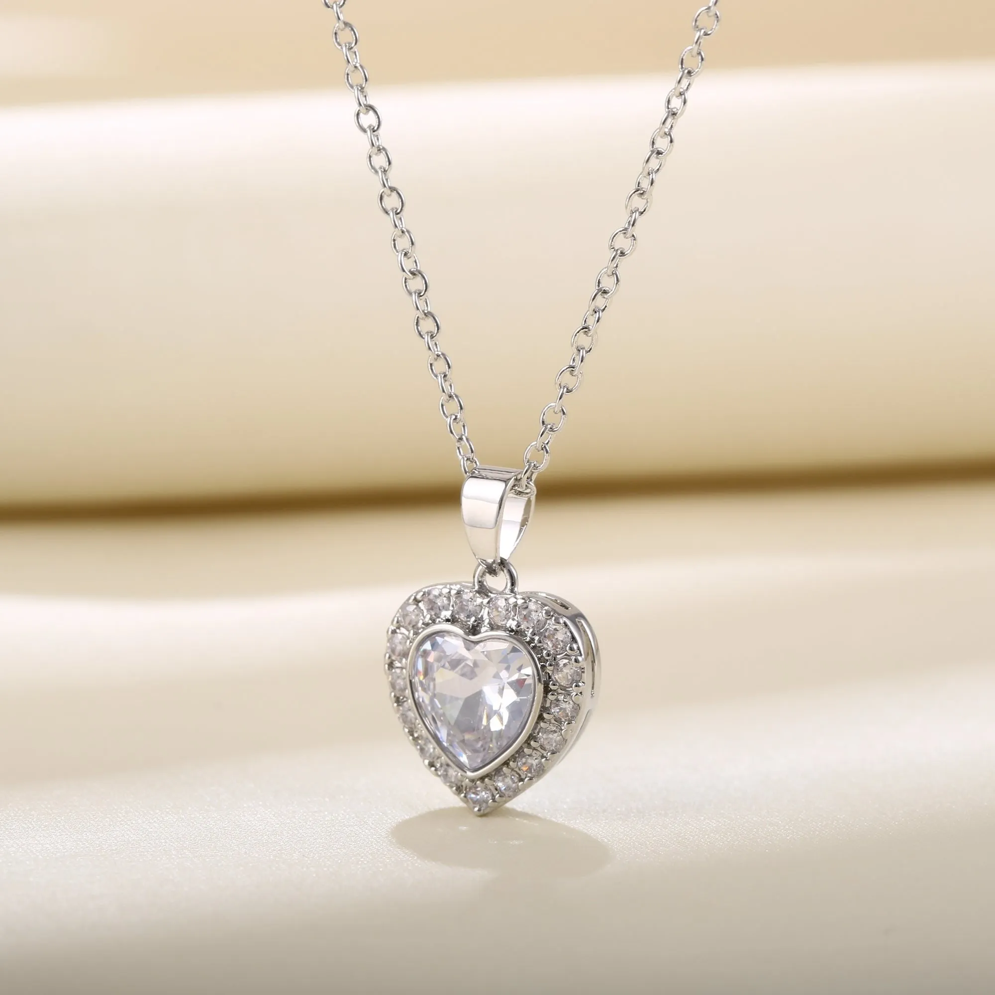 18K White Gold Plated Crystal Heart Necklace