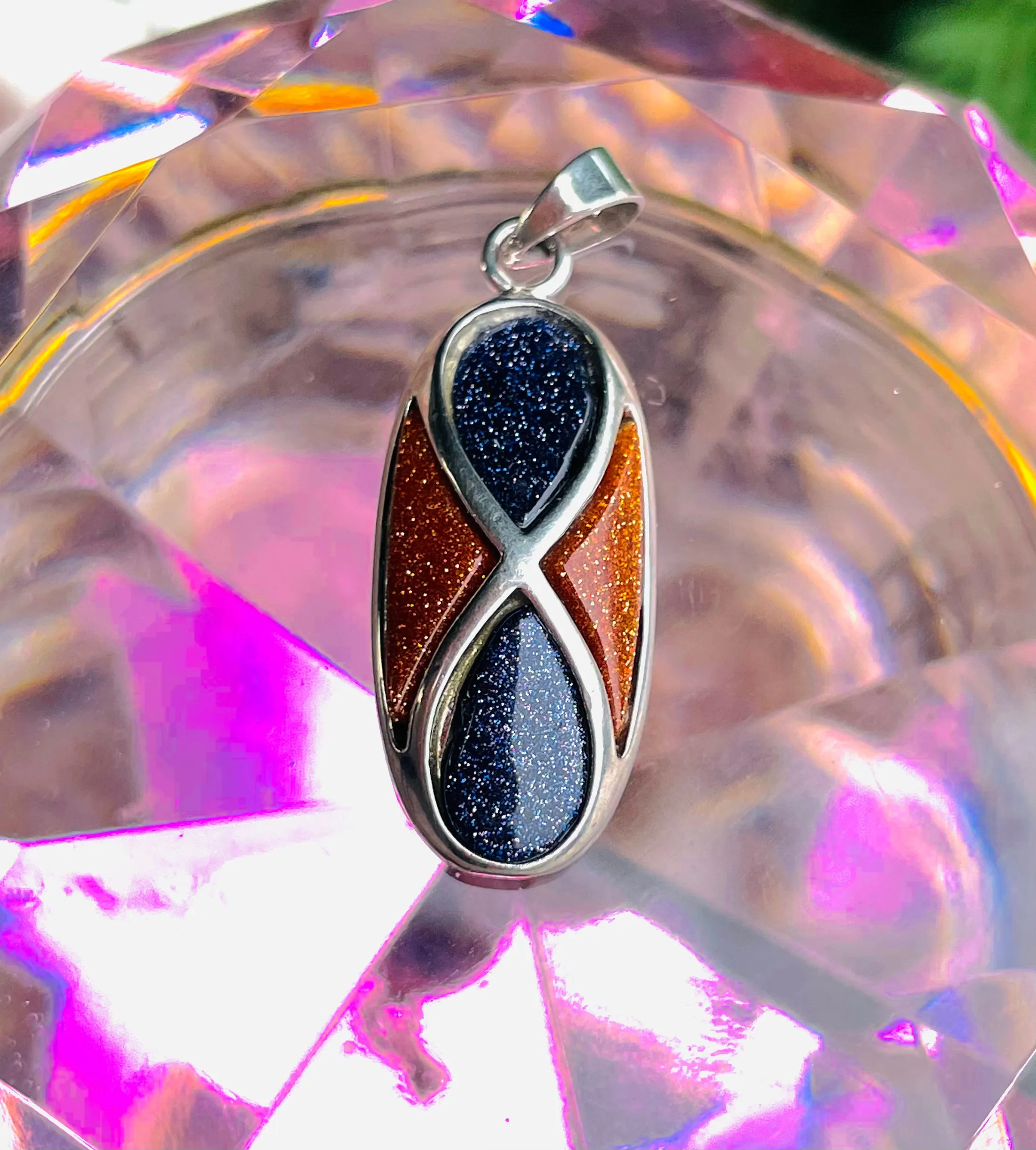 18KGP Signed 18K White Gold Plated Purple SandStone Goldstone Infinity Pendant