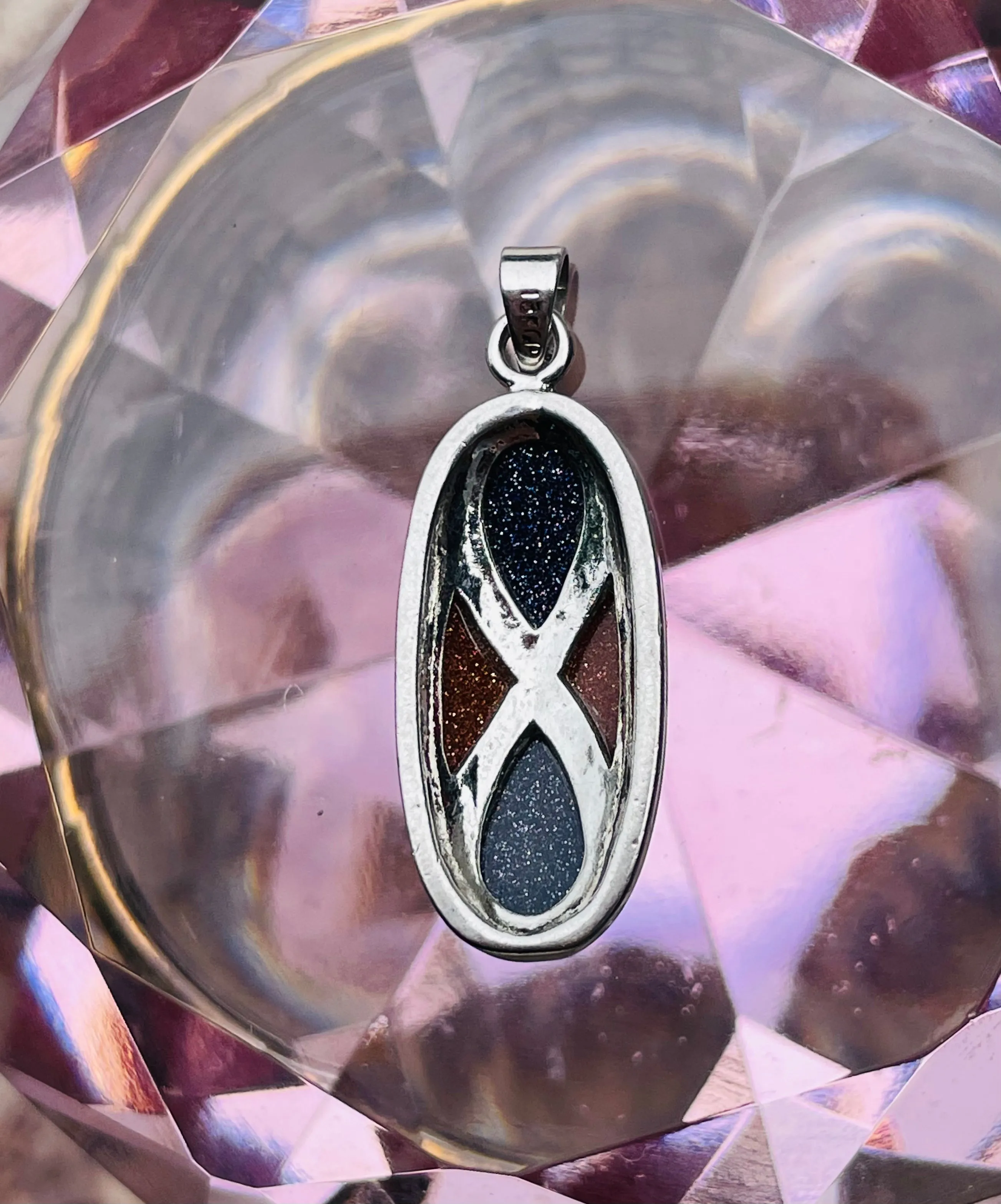 18KGP Signed 18K White Gold Plated Purple SandStone Goldstone Infinity Pendant
