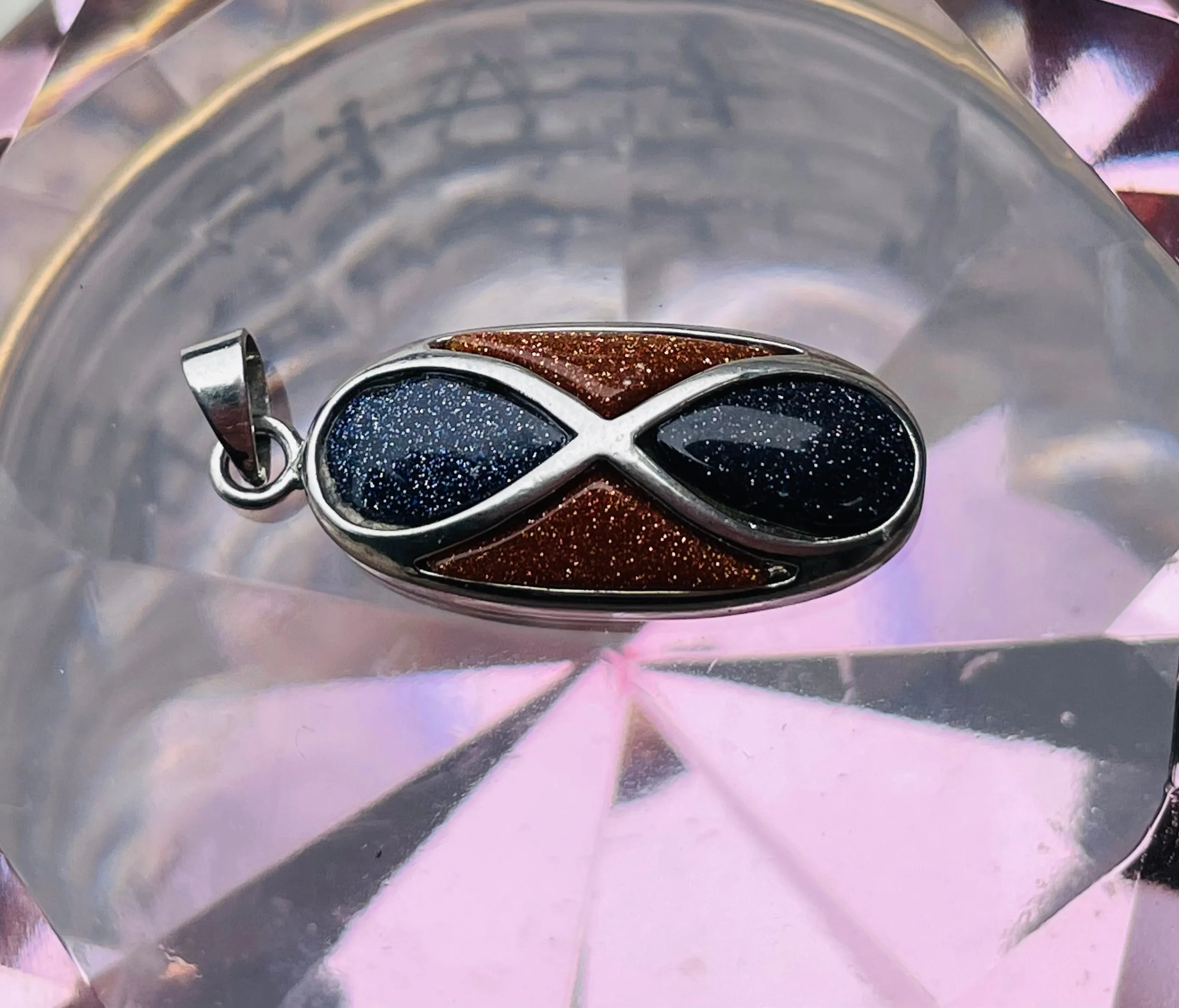 18KGP Signed 18K White Gold Plated Purple SandStone Goldstone Infinity Pendant