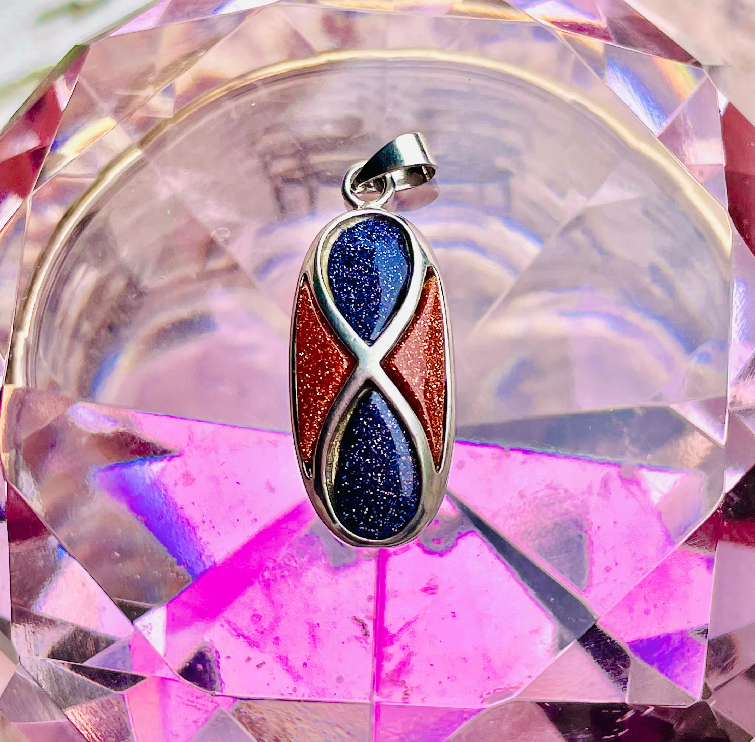 18KGP Signed 18K White Gold Plated Purple SandStone Goldstone Infinity Pendant