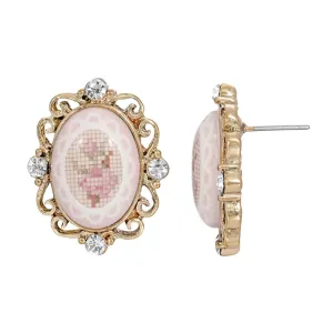 1928 Jewelry Oval Stitch Pattern Pink Rose Button Earrings