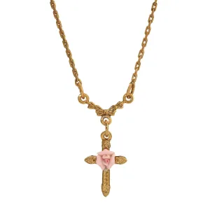 1928 Jewelry Pink Porcelain Rose Cross Pendant Necklace 16"   3" Extension