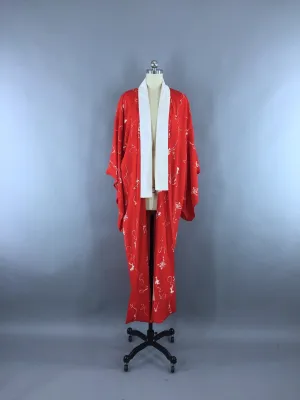 1930s Vintage Silk Kimono Robe / Red Abstract Print