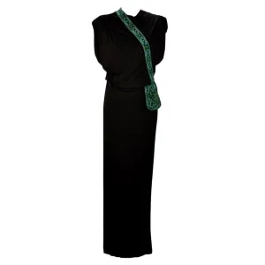 1940s Anita Modes Black Dress with Green Beaded and Appliquéd Purse