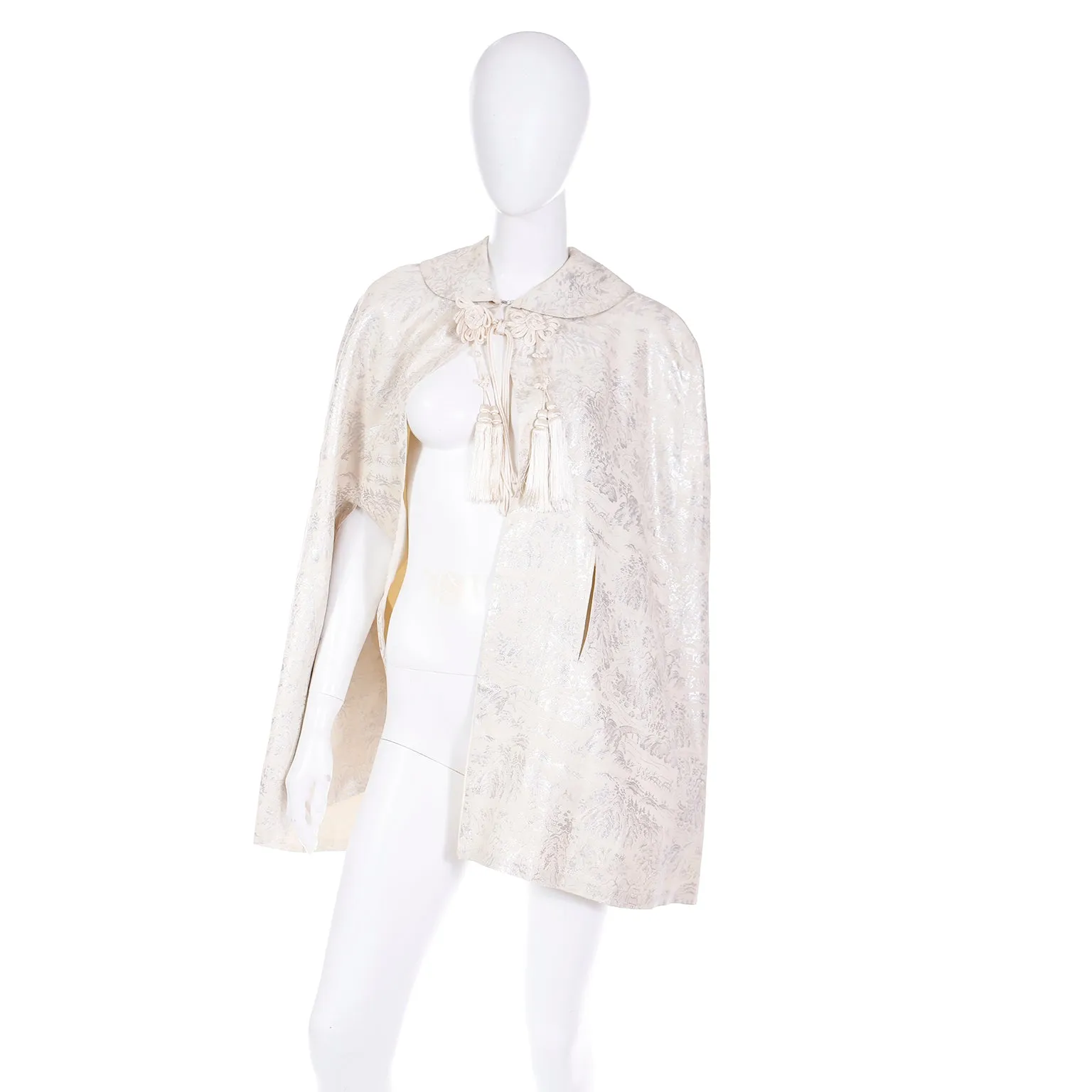 1960s Ivory Jacquard Evening Cape w Silk Tassels