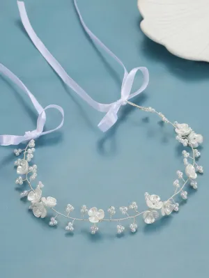 1pc Handmade Silver Metallic Floral Beaded & Pearl Soft Chain Headband For Wedding, Party
