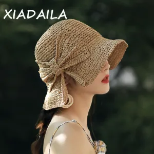 2020Parent-Child 100%Raffia Bow Sun Hat Wide Brim Floppy Summer Hats For Women Beach Panama Straw Do