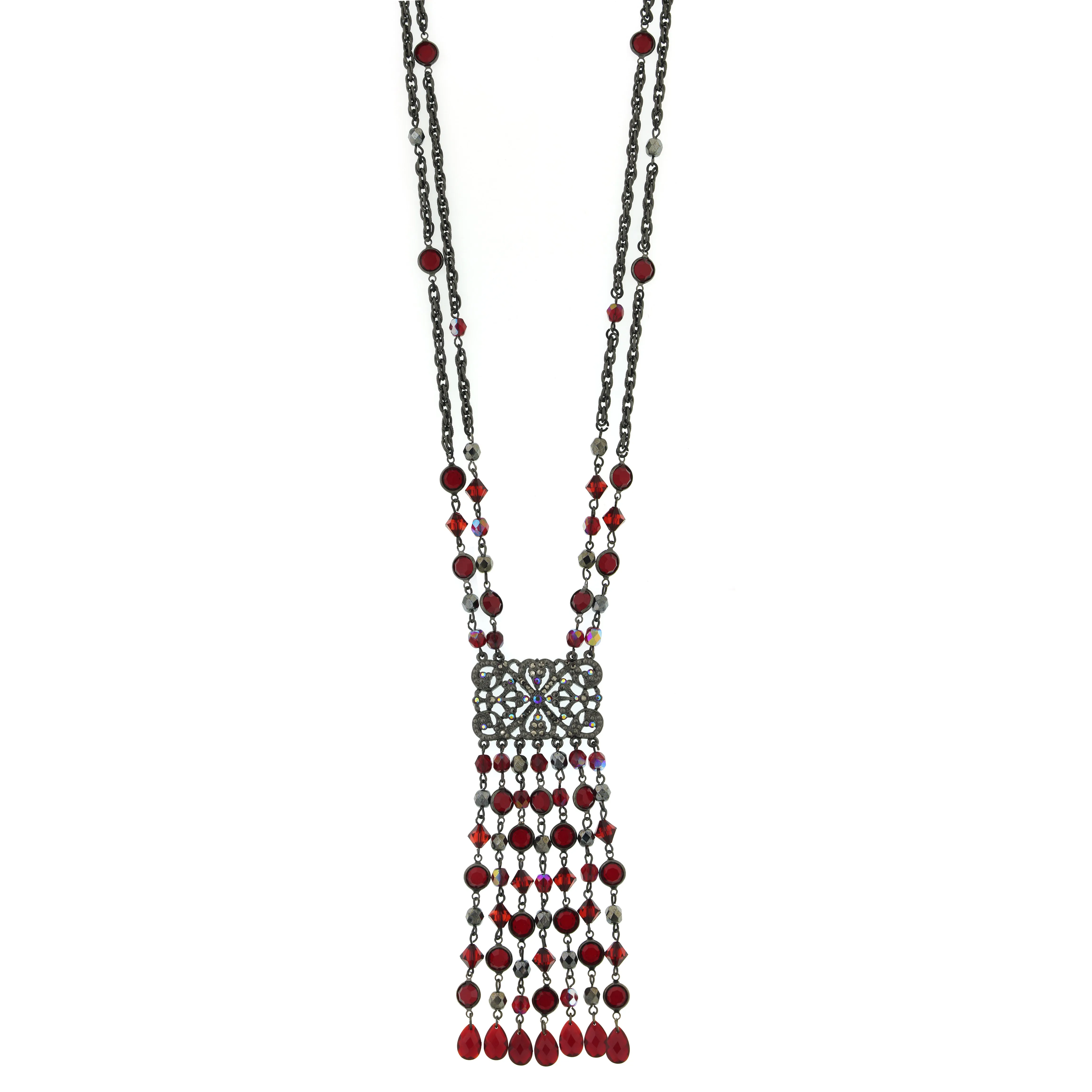2028 Jewelry Siam Ab Crystal And Hematite Fringe Tassel Necklace 30"
