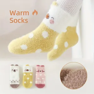 2/3pairs Baby Girls Kids Cartoon Pattern Cute Socks, Thickened Fleece Warm Socks For Autumn Winter, Anti-skid Socks With Dot Glue, Infant Toddlers Children's Socks For 0-1 1-3 Years Old