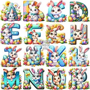 26 Cute Easter Day Alphabet Letters Bunny Designs Bundle PNG