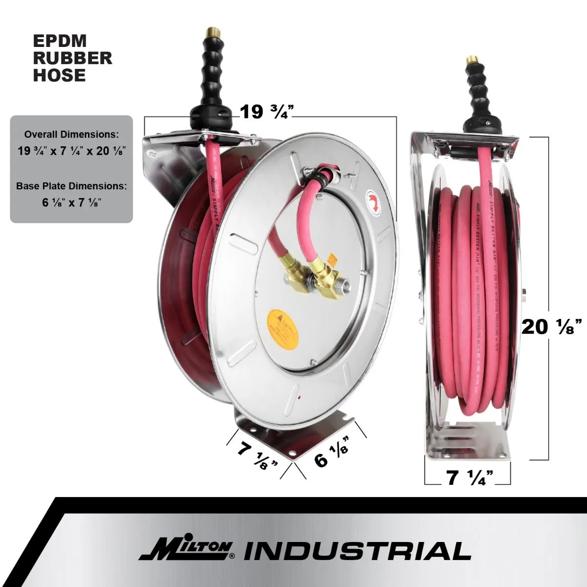 2754-2514SS - Milton® Industrial Stainless Steel Hose Reel Retractable, 1/4" ID x 25' EPDM Hose w/ 1/4" NPT, 300 PSI