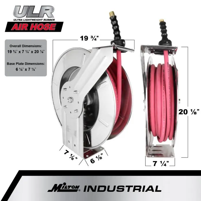 2754-2514SS - Milton® Industrial Stainless Steel Hose Reel Retractable, 1/4" ID x 25' EPDM Hose w/ 1/4" NPT, 300 PSI