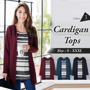 2FER KNIT LONGLINE CARDIGAN WITH STRIPED SHORT TOPS