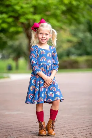 3/4 Sleeve Twirl Dress | Navy Rainbow | Ollie Jay