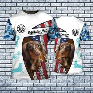 3D Dog T Shirts, Dachshund And Flag America All Over Print T-Shirt, Gift For Pet Loves