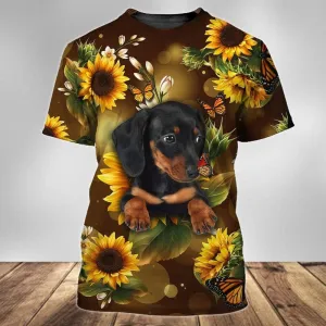 3D Dog T Shirts, Dachshund And Sunflower All Over Print T-Shirt, Gift For Pet Loves