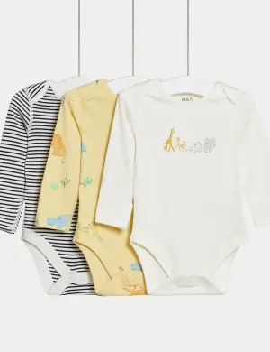 3pk Pure Cotton Safari & Striped Bodysuits