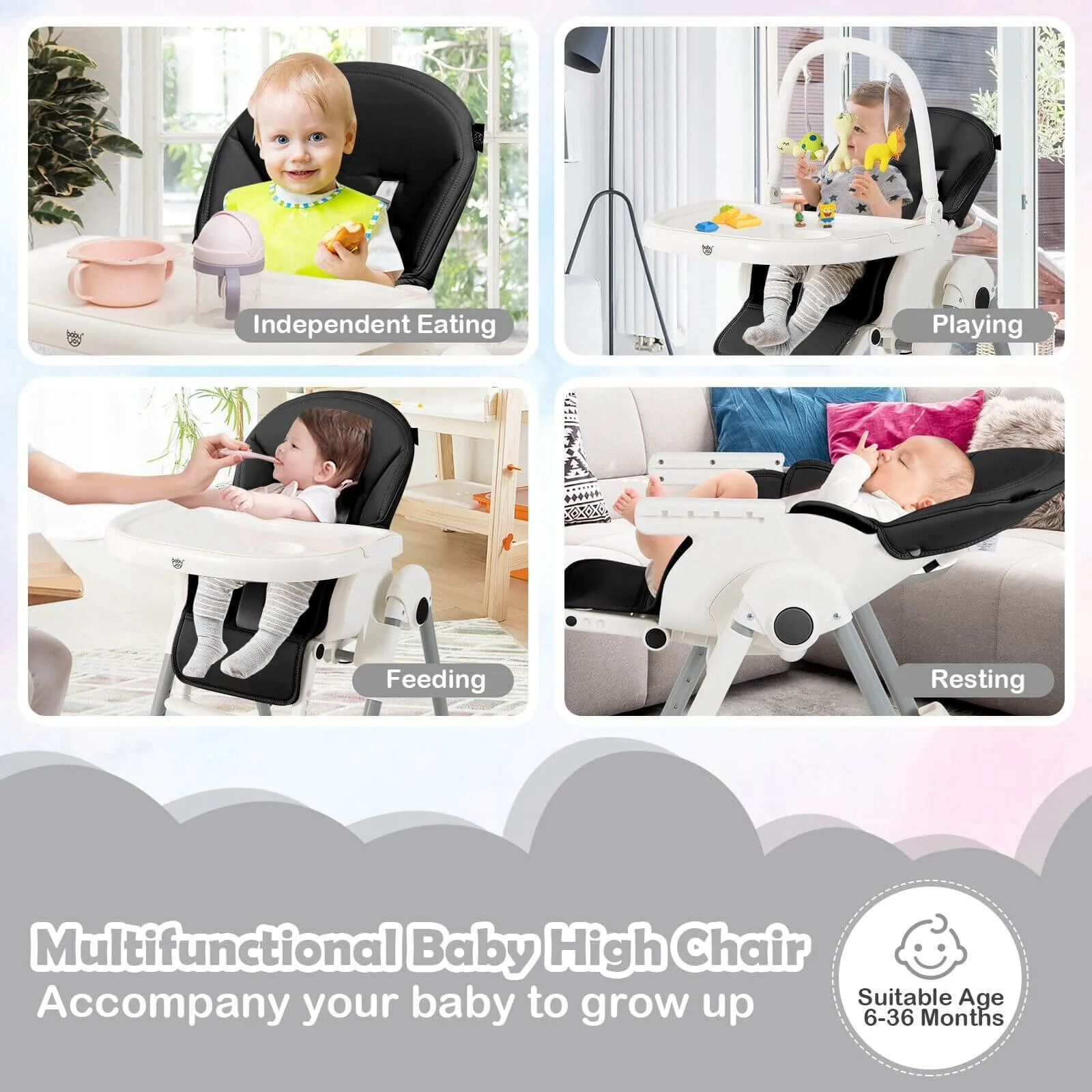 4-in-1 Foldable Baby High Chair with 7 Adjustable Heights and Free Toys Bar - Black
