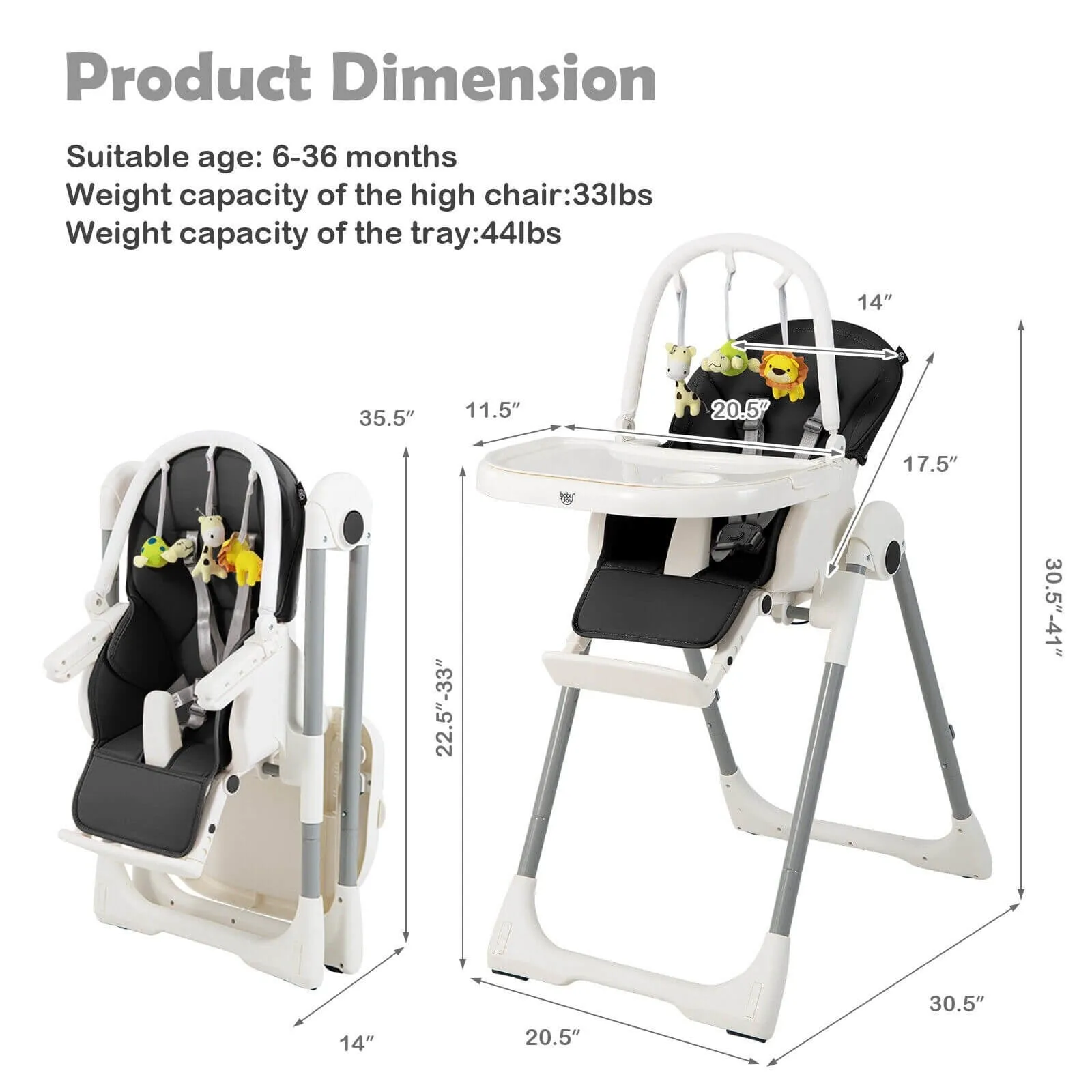 4-in-1 Foldable Baby High Chair with 7 Adjustable Heights and Free Toys Bar - Black