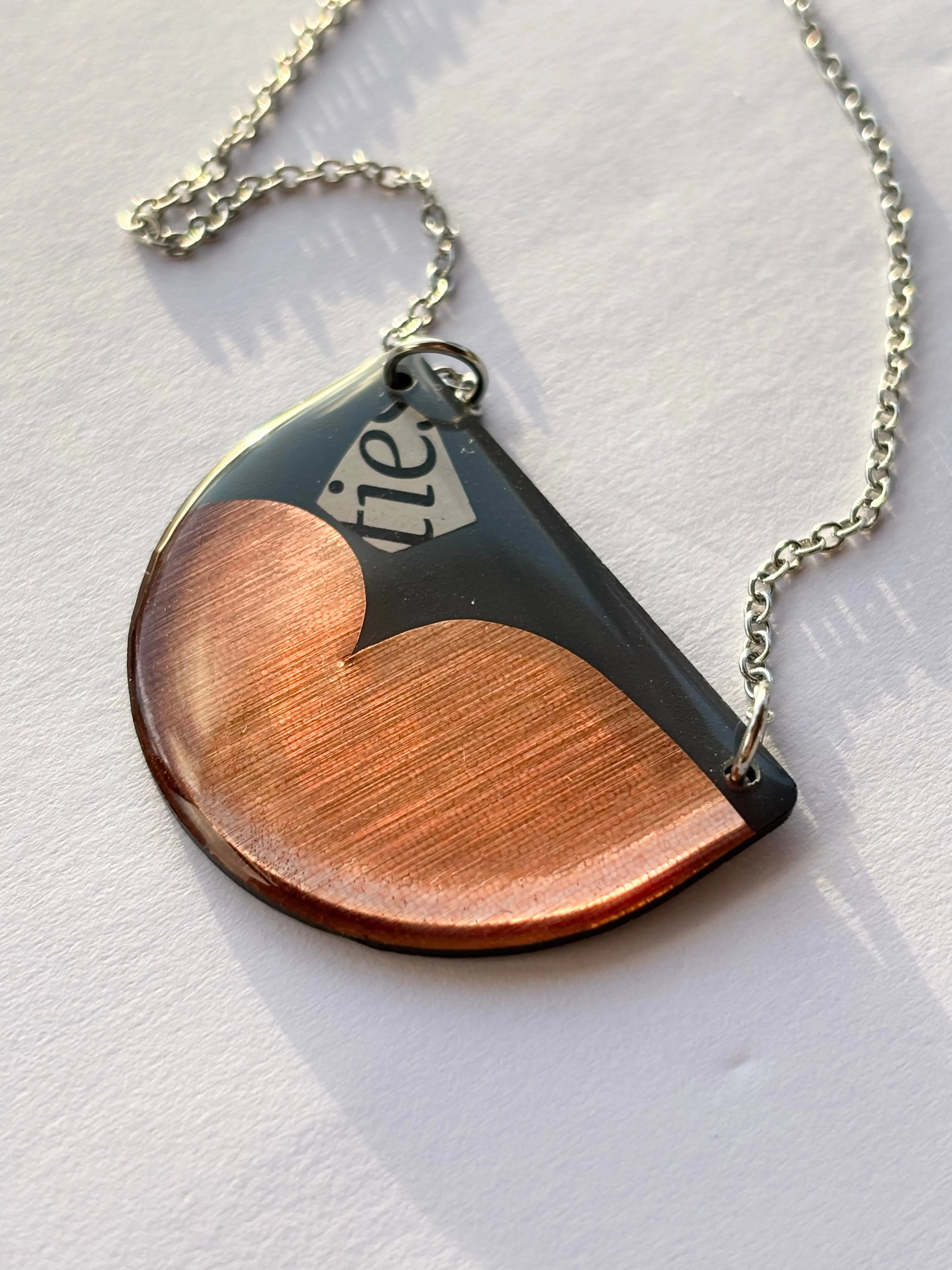 40% OFF / modern recycled vinyl record necklace in blue grey, copper and recycled paper detail