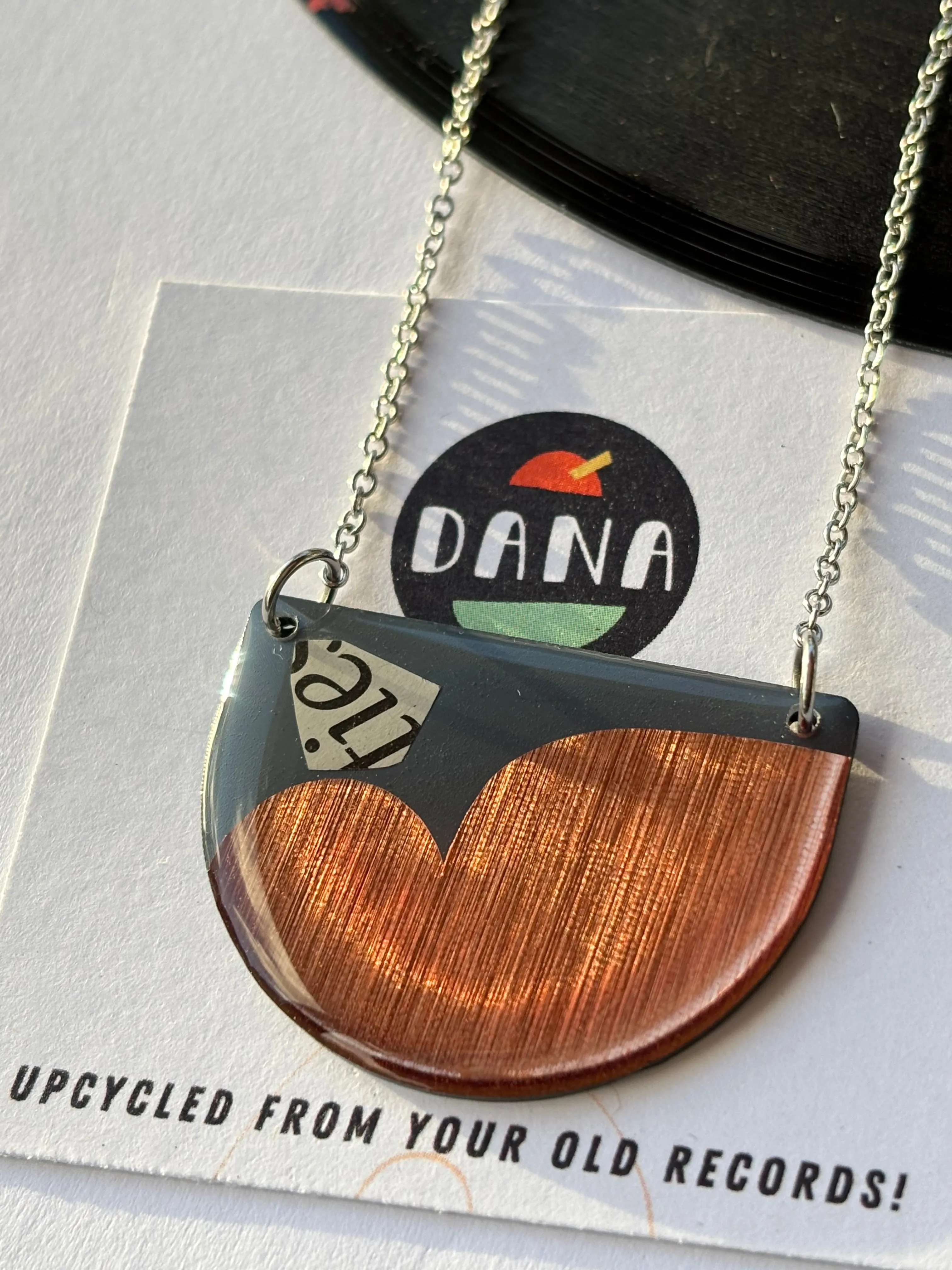 40% OFF / modern recycled vinyl record necklace in blue grey, copper and recycled paper detail