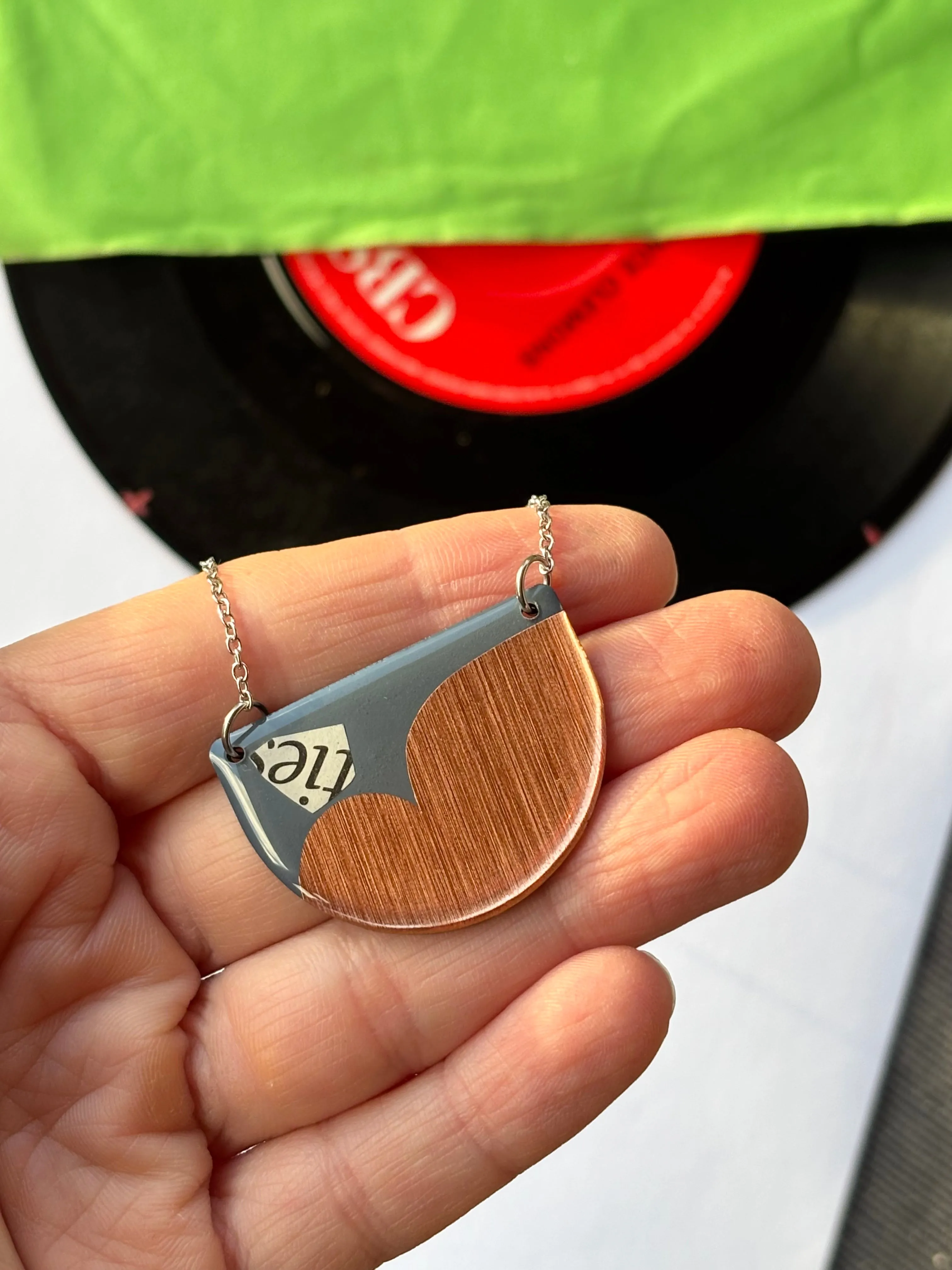 40% OFF / modern recycled vinyl record necklace in blue grey, copper and recycled paper detail