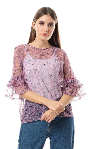 57710 Cheer Bell Sleeves Floral Mauve Bloue