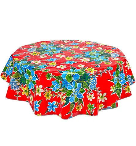 60" Round Oilcloth Tablecloth in Hawaii Red