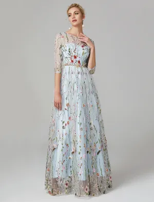 A-Line Evening Gown Floral Dress Holiday Wedding Guest Floor Length 3/4 Length Sleeve Illusion Neck Lace with Embroidery