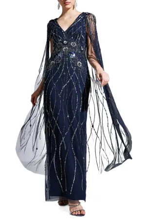 Adrianna Papell V-neck cape sleeve embellished zipper back mesh gown