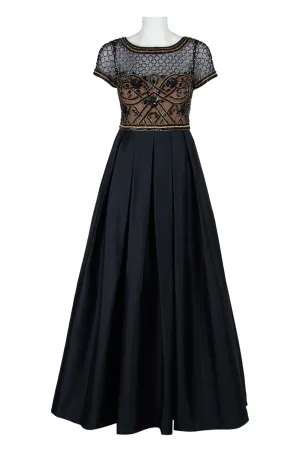 Aidan Mattox Boat Neck Short Sleeve Illusion Embellished Bodice Keyhole Back Mesh Taffeta Gown
