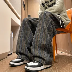 Aidase Wool Men's Pants Autumn and Winter Thickened High Waisted Small Leg Pants Casual Business Striped Contrast Wool Pants Warm