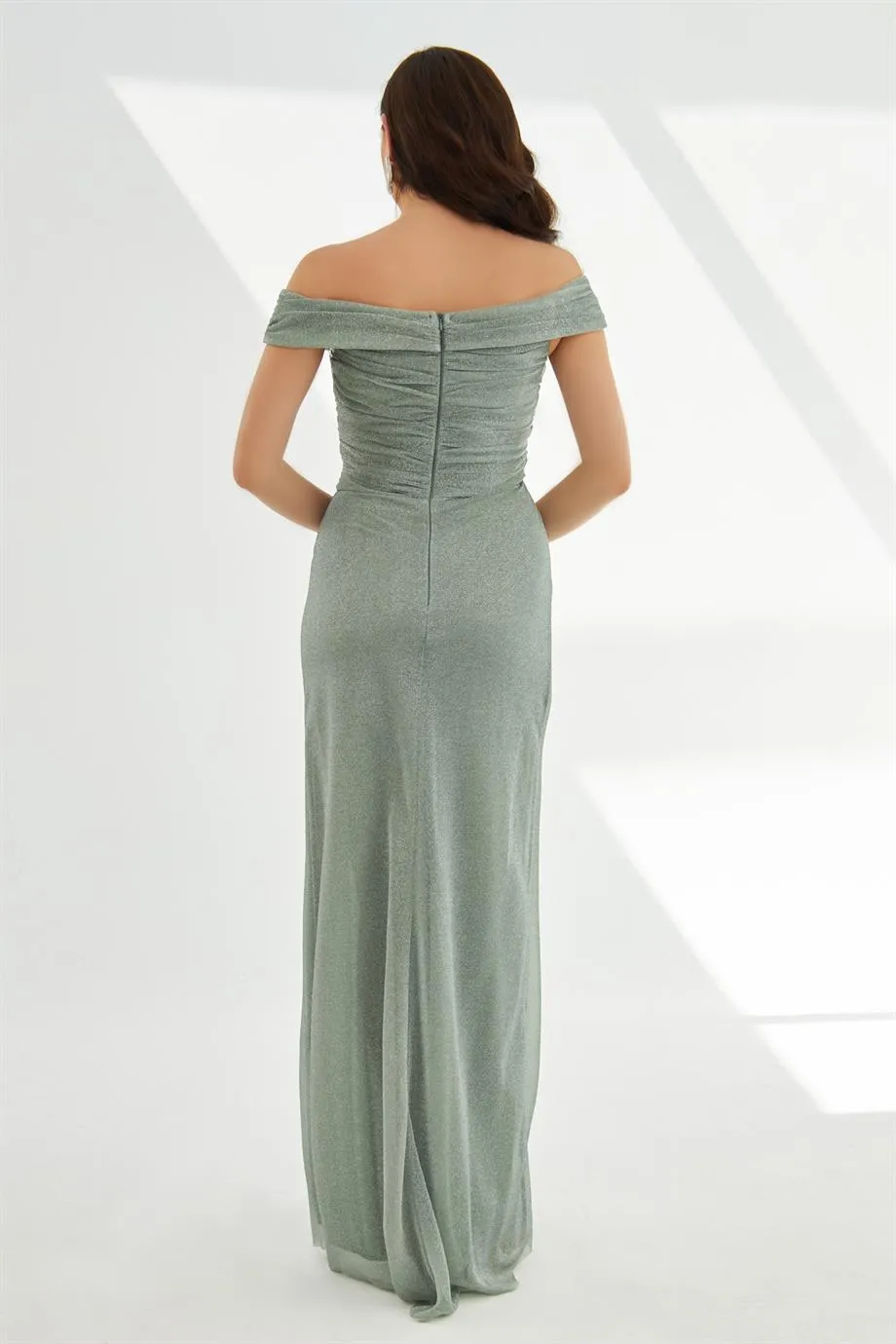Çağla Silvery Knitted Strapless Long Evening Dress