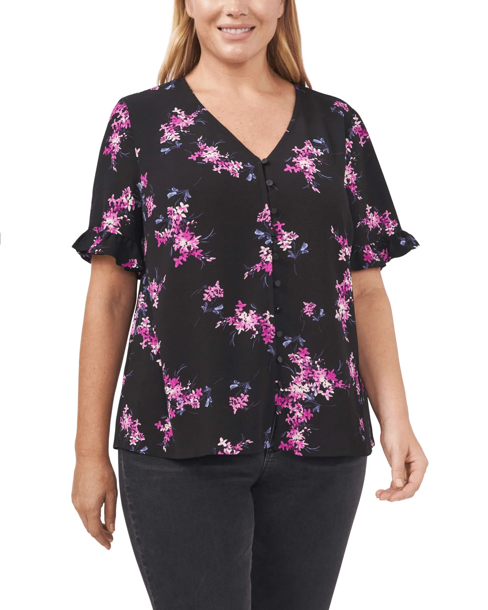 Alice Button-Front Ruffled Blouse | 060-RICH BLACK