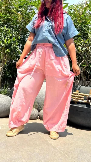 Amani Cowl Handloom Cotton Pants With Elastic- Peach