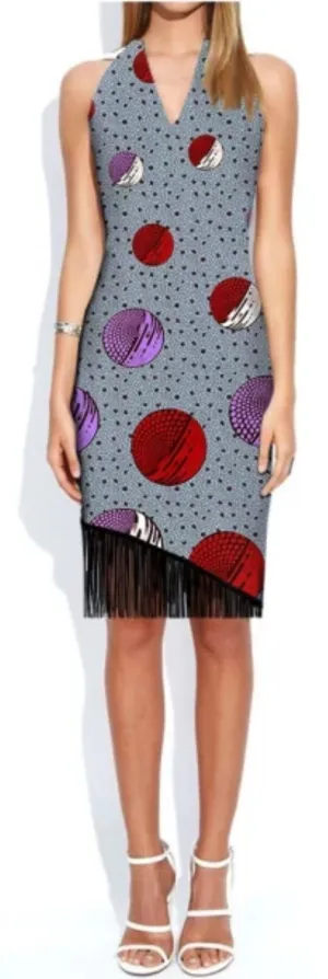 Ankara V-Neck Halter Dress with Tassels