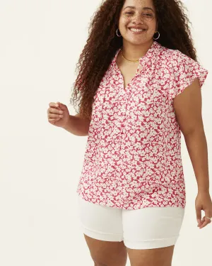 Anne Tie-Neck Flutter-Sleeve Top | Magenta / Ivory
