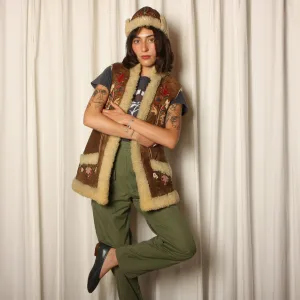 Antique 20's Czechoslovakian Folk Embroidery Sheepskin Vest   Hat Set
