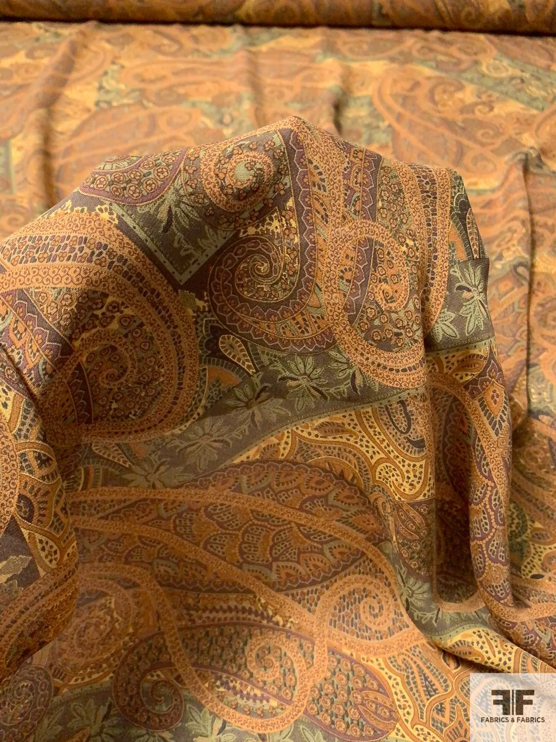 Antique Paisley Printed Silk Georgette - Caramel / Browns / Greens