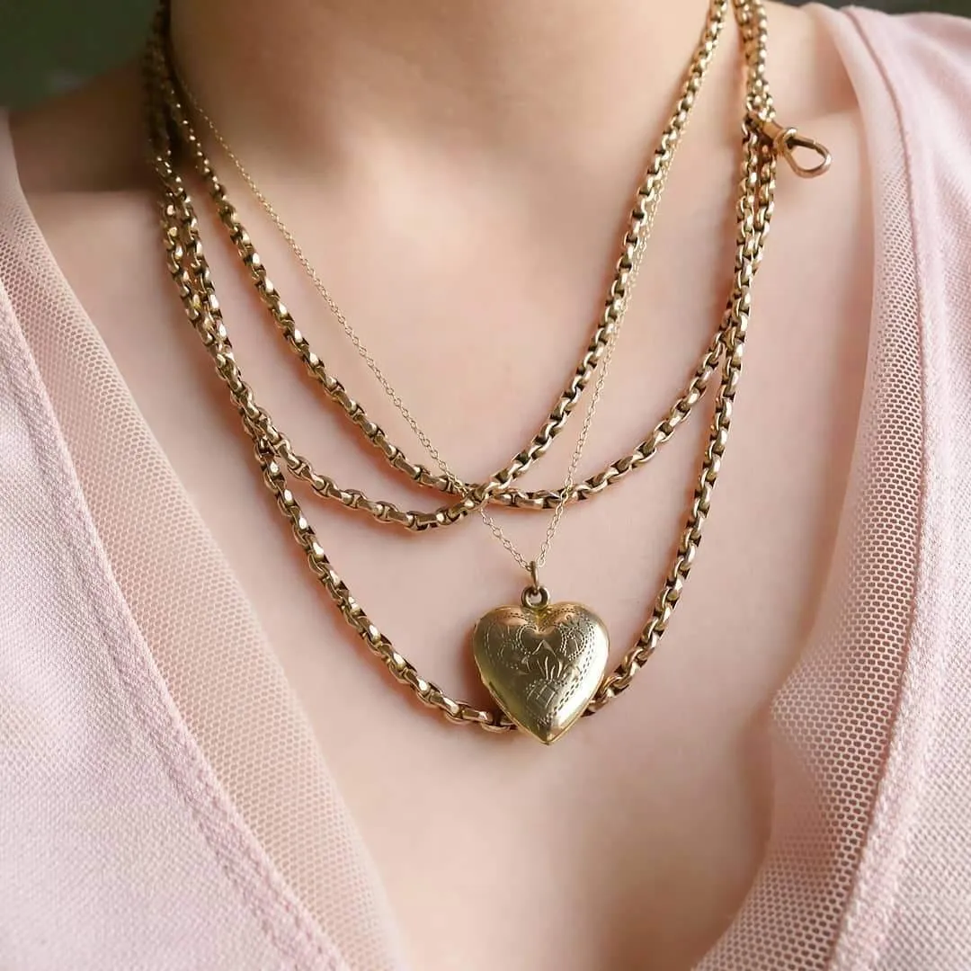 Antique Victorian Faceted Belcher 9ct Gold Extra Long guard Muff Chain Necklace