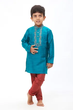 API. Boys Teal Blue Embroidered Kurta with Maroon Pants Set - Elegant Ethnic Wear for Kids
