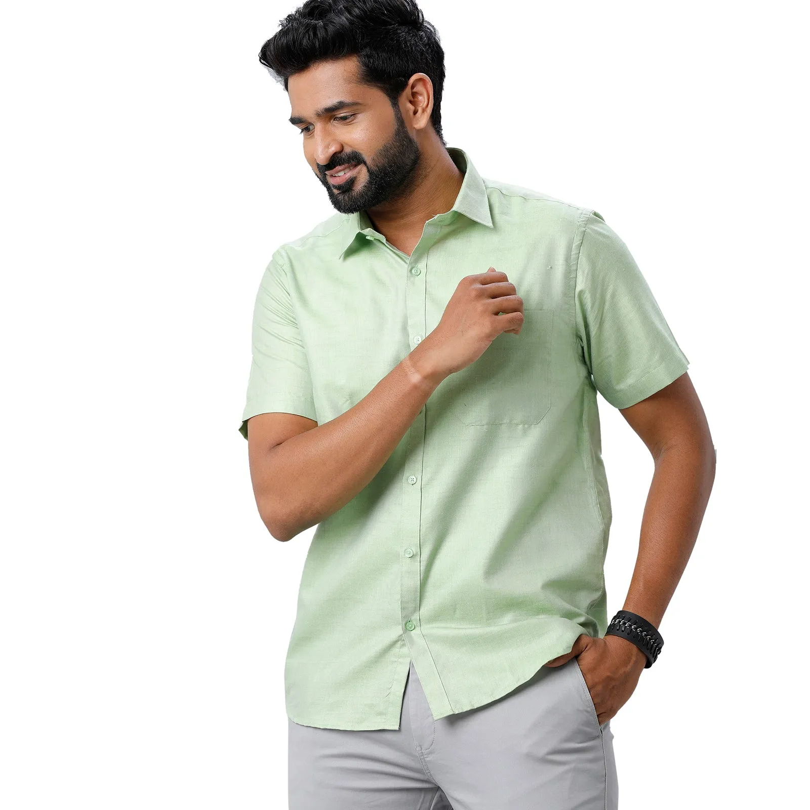 ARISER Hampton Olive Green Color Cotton Rich Blend Half Sleeve Solid Slim Fit Formal Shirt for Men