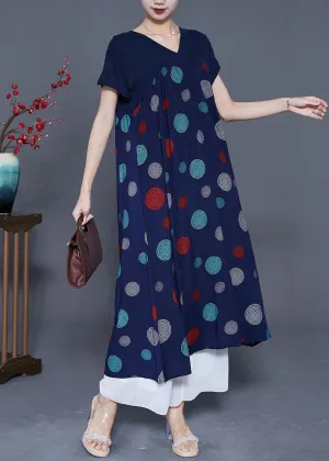 Art Navy V Neck Patchwork Print Cotton Robe Dresses Summer LY5389