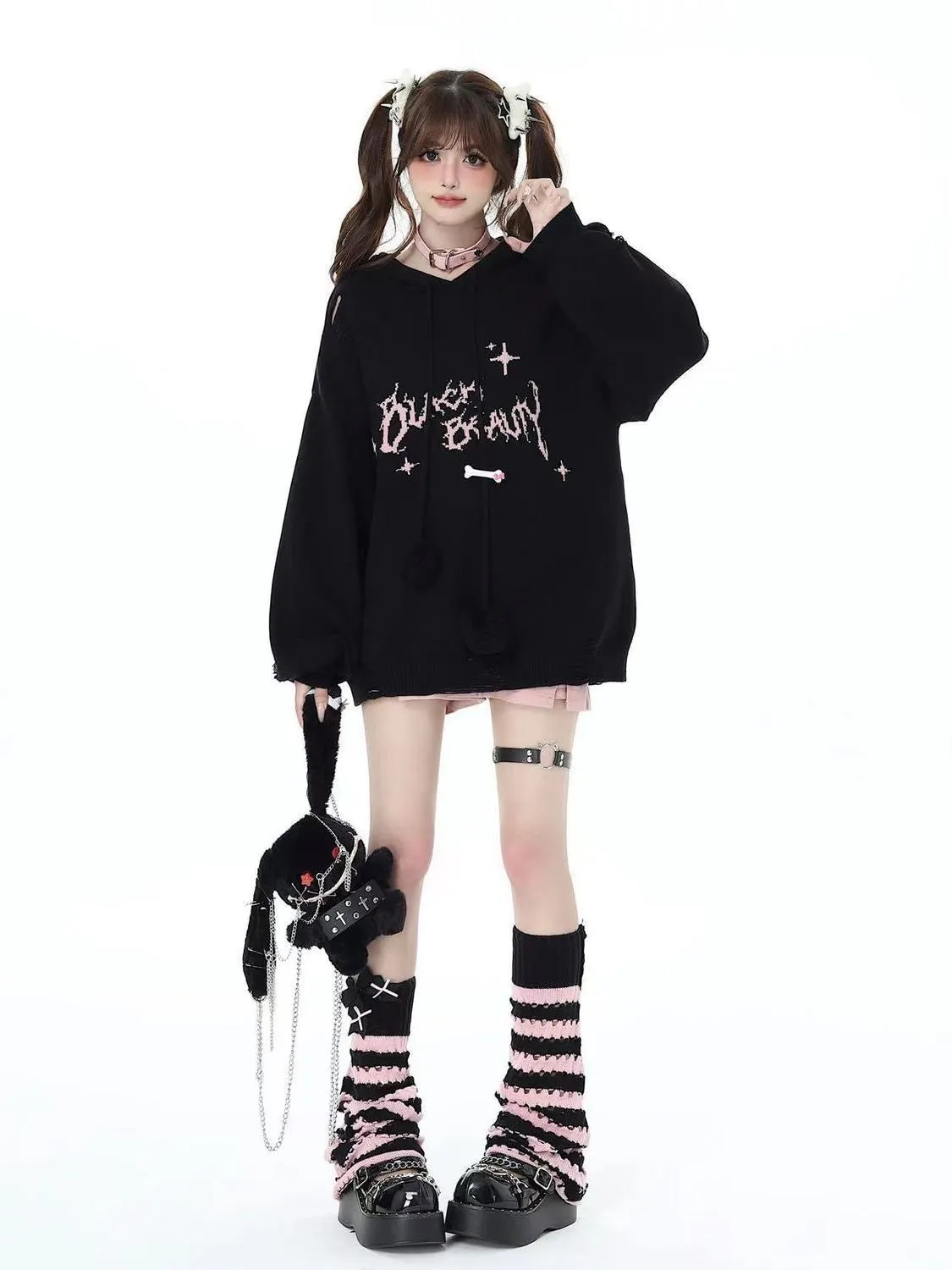 Autumn And Winter Black Pink Sweet Cool Leg Socks For Soft Girls
