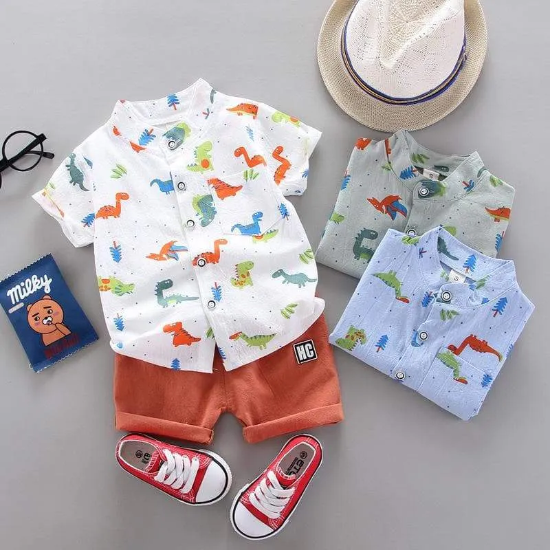 Baby Boy Animal & Dinosaur Print Vacation Shirt with Shorts Set (3 Colors)